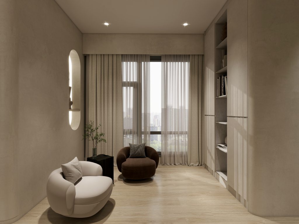 wabi sabi interior design for living room. showcase design and color theme