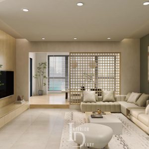 3D render of Wabi Sabi Interior Design for HDB or Condo Showcase 1 Living Room