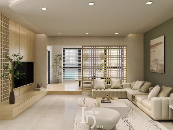 3D render of Wabi Sabi Interior Design for HDB or Condo Showcase 1 Living Room