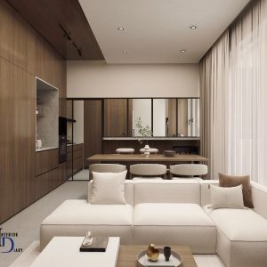 wabi sabi interior design singapore, dark wood panels for cabinet, white and cream theme for floor and sofa, living room