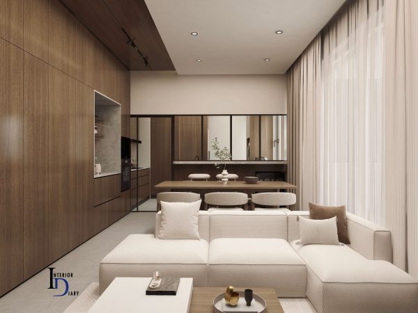 wabi sabi interior design singapore, dark wood panels for cabinet, white and cream theme for floor and sofa, living room