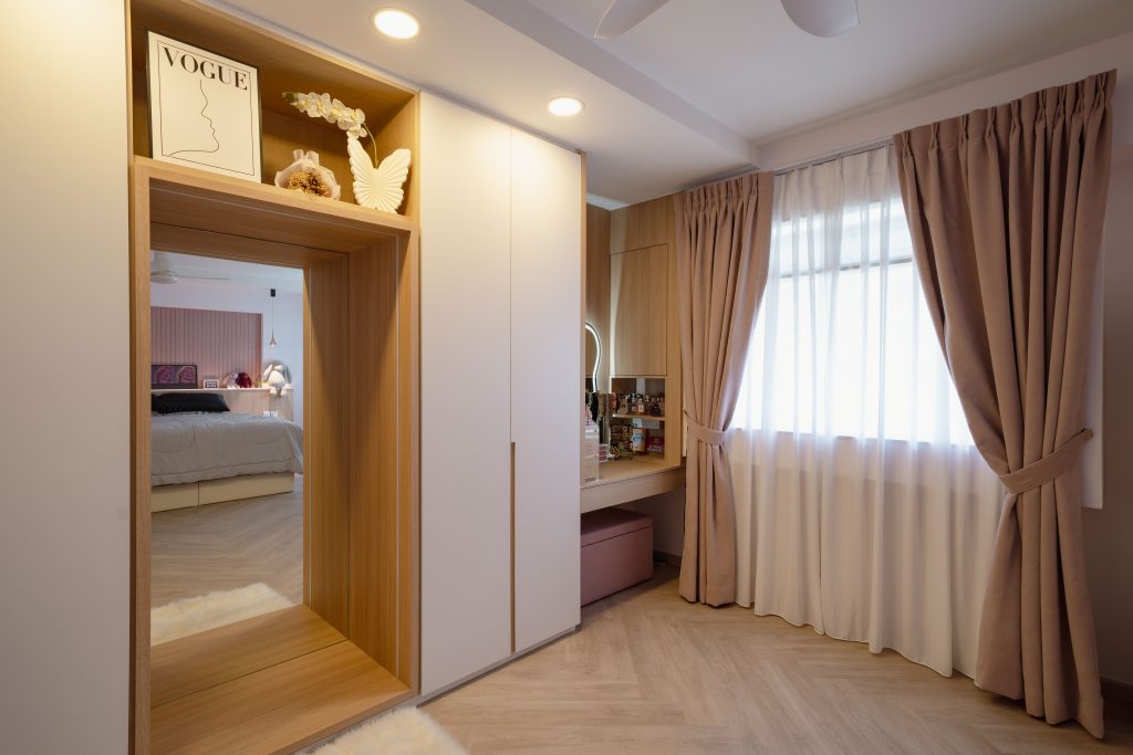 farmhouse interior design hdb with carpentry around a mirror to save space