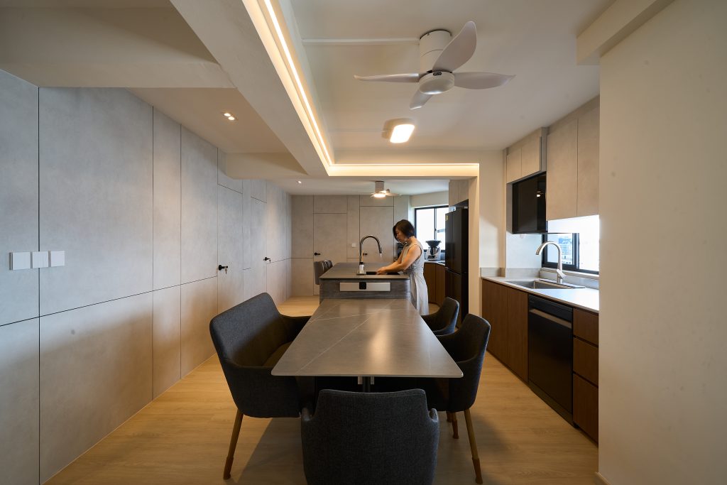 terracotta minimalism, kitchen, front view from living room