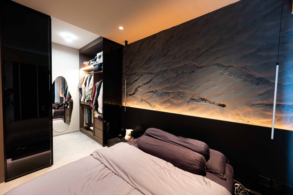 dark wabi sabi walk in closet doors open